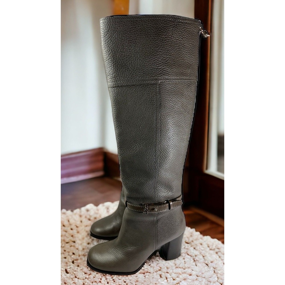 Tory Burch Pebbled Leather Zip Tall Block Heel Buckle Boots Gray 6M Quiet Luxury - Picture 2 of 16
